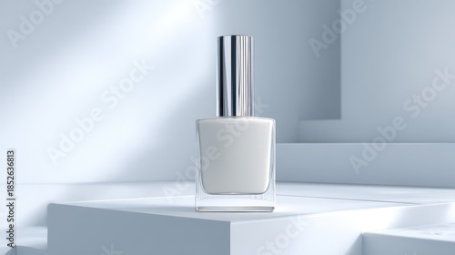 Minimalist mockup of a nail polish bottle in elegant white Cloud Dancer shade, displayed on clean geometric pedestal with soft lighting and modern monochrome background.