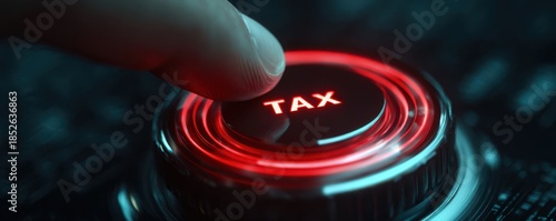 Finger pressing glowing red tax button as concept of starting taxation or financial regulation