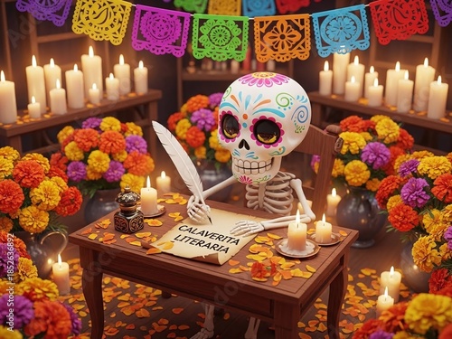 Whimsical 3D Illustration of a Sugar Skull Writing a Traditional Calaverita Literaria for Day of the Dead Celebration