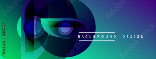 Abstract gradient shapes overlap creating dynamic visual effect. Blue, green, purple hues blend smoothly. Modern design element.