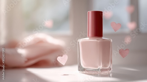 Romantic pink nail polish mockup with hearts and soft sunlight for Valentine's Day beauty branding
