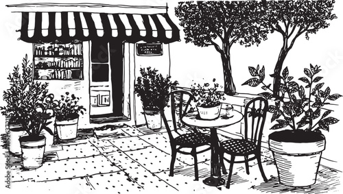 Outdoor cafe scene featuring a table and chairs with a striped awning and plants in pots. Black lineart illustration set with a charming atmosphere.