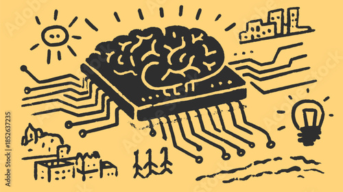 Brain chip illustration with circuit patterns. Simple, flat design in black and yellow colors, representing digital innovation in a vector style.