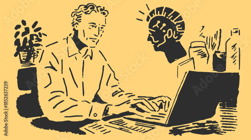 Man sitting at a desk using a computer tablet. Modern vector illustration of a professional workspace set.