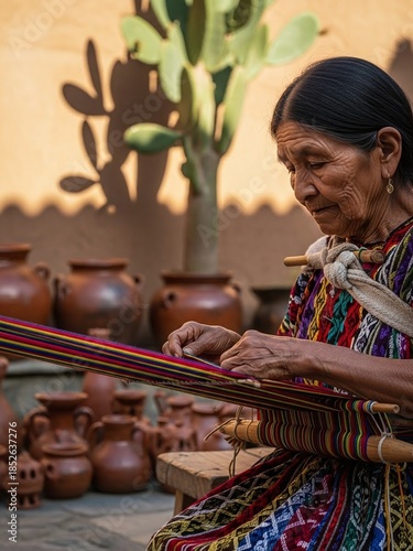 Realistic Documentary Portrait of an Indigenous Woman from Pueblos Indígenas Weaving Traditional Mexican Textiles