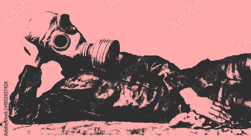 Vintage gas mask worn by a person. Simple black and white vector illustration with a flat, stylized design.