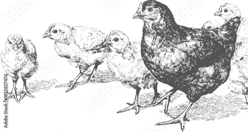 Illustration of a chicken with its chicks. Detailed vintage drawing in a set, representing poultry in a vector style.