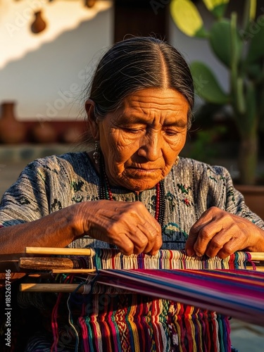 Realistic Documentary Portrait of an Indigenous Woman from Pueblos Indígenas Weaving Traditional Mexican Textiles