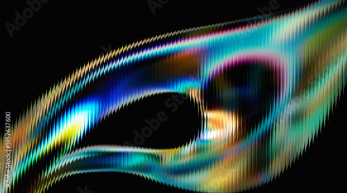 Mesmerizing iridescent ripple with dynamic color shifts on a stark black backdrop