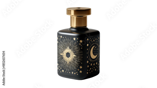 Mystical Perfume: A luxurious, exquisitely designed perfume bottle, boasting an elegant aesthetic. Embellished with celestial motifs, hinting at an enchanting fragrance within.