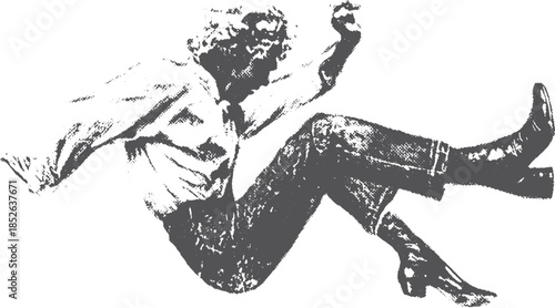 Man falling in a vintage silhouette style. Dynamic black and white vector illustration captures expressive movement in a classic figure set.