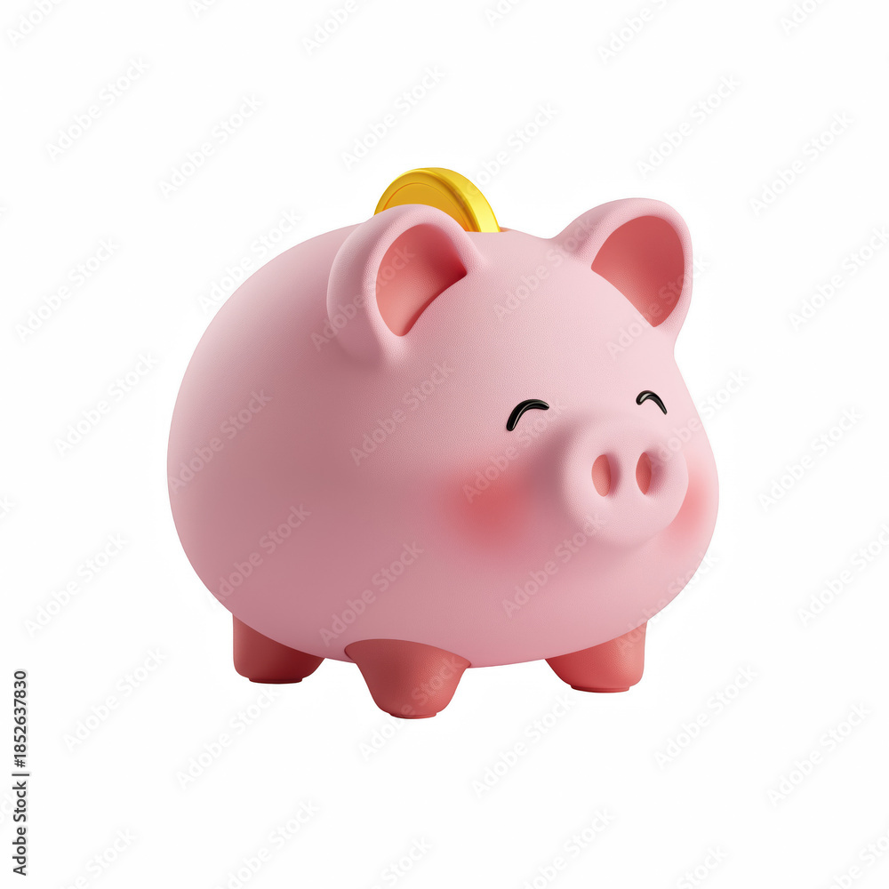 Obraz premium 3D cute cartoon pink piggy bank with coin, savings money icon isolated on transparent background.