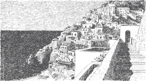 Seaside village with houses on a slope. Black and white vector illustration showing coastal architecture and scenic views.