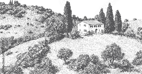 Illustration of a house in a rural landscape surrounded by hills and trees. A detailed black and white vector illustration capturing the essence of nature.