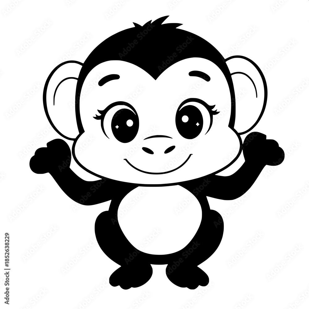 Fototapeta premium Cute cartoon monkey illustration featuring solid black shapes and clean lines, with a white face that has a subtle rounded nose and a small smile, rounded ears that are slightly tilted forward, and a 