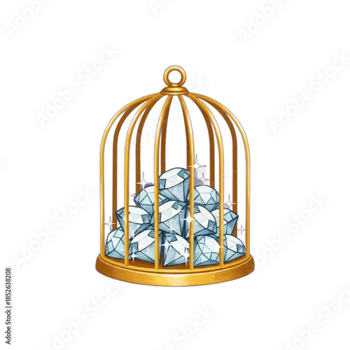 Golden birdcage filled with sparkling diamonds.