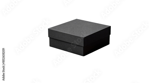 Minimalist Black Gift Box: A sleek, square black gift box, meticulously presented, embodies sophistication and versatility. This minimalist design is perfect for gifting or product showcasing.