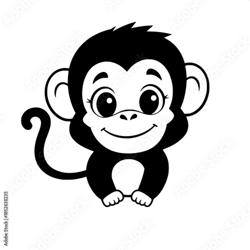 Cute cartoon monkey illustration featuring solid black shapes and clean lines, with a white face that has a subtle rounded nose and a small smile, rounded ears that are slightly tilted forward, and a 