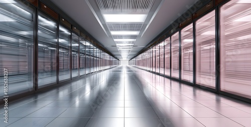 Expansive and brightly lit modern corridor with reflective floors and glass enclosed rooms stretching into the distance creating a sense of depth and technological advancement