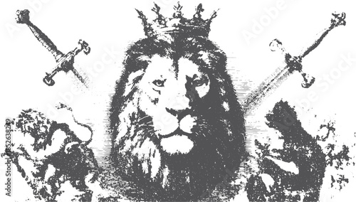 Lion illustration featuring a crown and swords. A black and white vector graphic symbolizing power and royalty in a vintage style.
