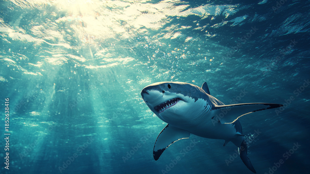 Fototapeta premium Great White Shark Swimming Underwater Near Sunlight Rays