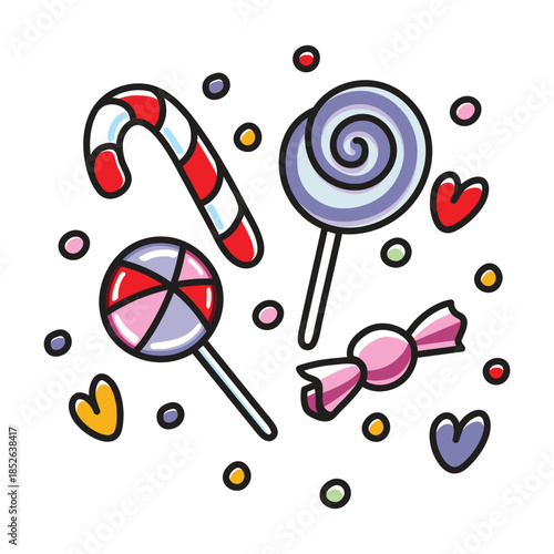 Colorful lollipop, marshmallow, caramel, dragee, wrapped candy composition