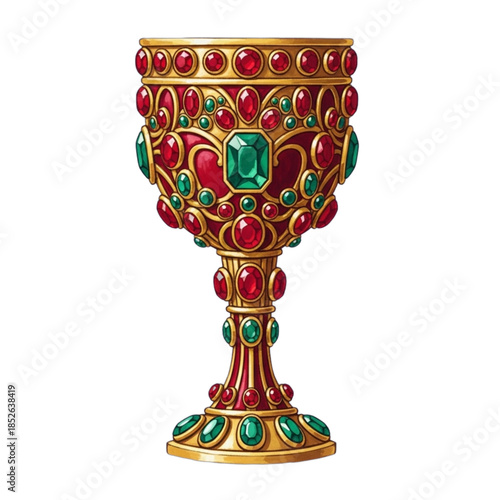 Ornate Golden Goblet Adorned with Red Rubies and Green Emeralds.
