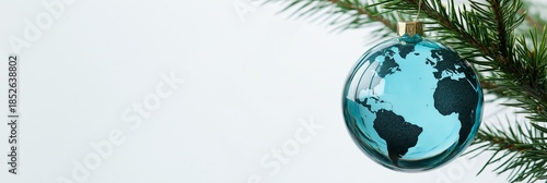 Bright globe ornament hangs on Christmas tree branch for holiday celebrations around the world