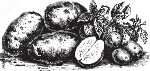 Potato illustration in black and white, featuring a realistic set of fresh root vegetables and leaves. Detailed vector graphic.