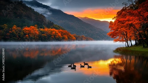 Serene lake scene with ducks at sunrise or sunset