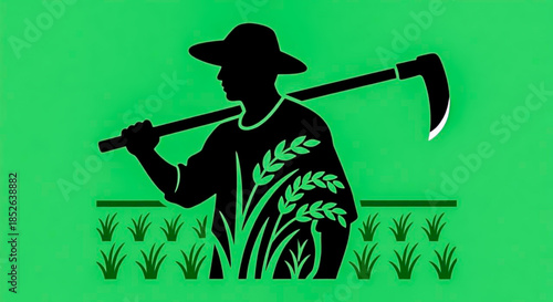 Farmer working in field with sickle and wheat plants