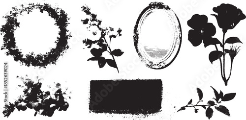 Brush stroke floral vector illustration with black and white frame and wreath in a set. Simple decorative art for backgrounds or compositions.