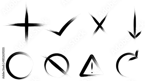 a collection of eight distinct symbols, each rendered in a black and white