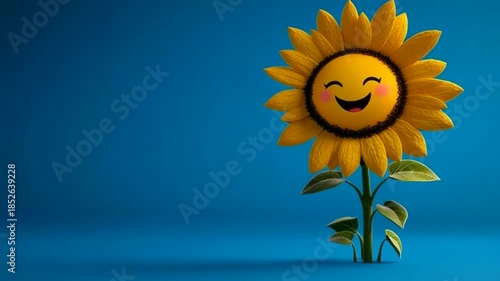 Smiling sunflower with bright yellow petals on blue background