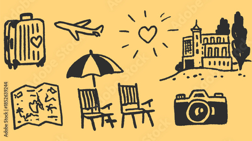 Travel-themed vector illustration set featuring a suitcase, camera, airplane, map, chairs, and umbrella in a simple sketch style.