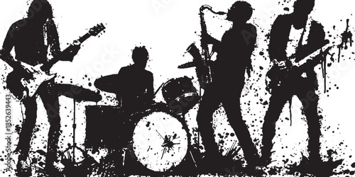 Silhouettes of musicians with guitar, drums, and saxophone in black and white. Abstract vector illustration with paint splash texture.