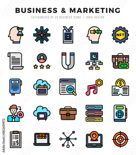 Set of 25 Business & Marketing Lineal Color Icons Pack.