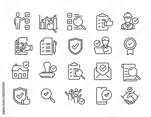 Approval and Verification Vector Icons Set Collection Checklist Graph Magnifier Clipboard Builder Document Shield Businessman Badge House Stamp List Mail Scroll Protection