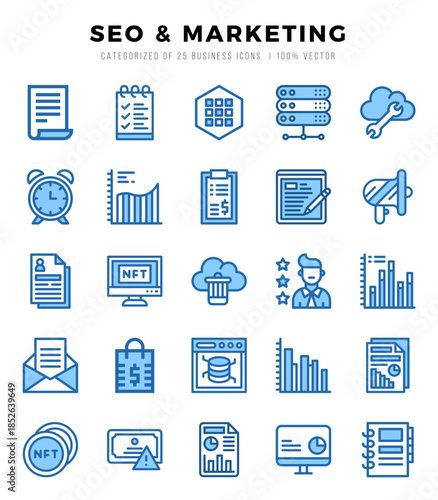 Set of SEO & Marketing Icons. Simple Two Color art style icons pack.