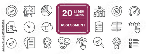 Assessment line icons set of checking quality examination process review analyze vector illustration