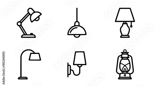 Collection of six different lamp designs including desk lamp, hanging light, table lamp, floor lamp, wall lamp, and lantern, black line illustrations on white background