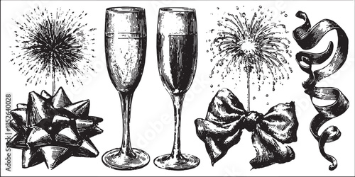 Vector illustration featuring a set of party elements such as champagne glasses, sparklers, and decorative bows for festive occasions.