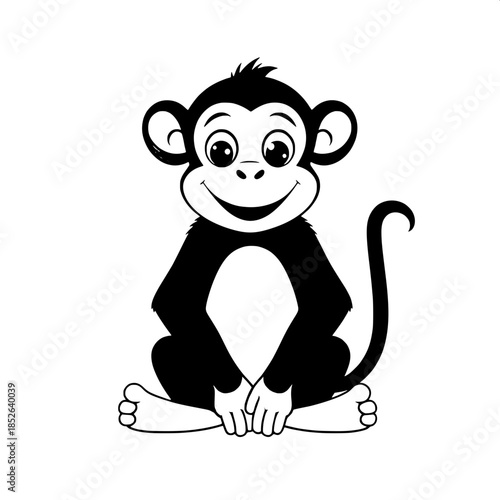 Minimalist black-and-white cartoon monkey with large round expressive eyes and a broad smiling face, sitting calmly with legs crossed in a serene pose, flat vector illustration style with bold lines a