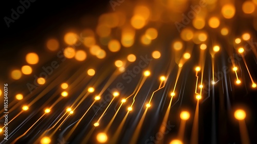 Abstract glowing digital network with orange circuits and nodes symbolizing data flow and connectivity