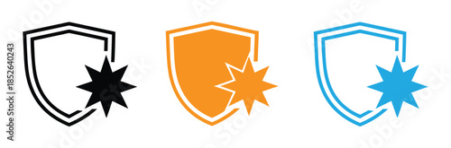 Shield icons with starburst. Black and white icon of a shield being hit by an arrow and starburst. Isolated on white and black backgrounds.