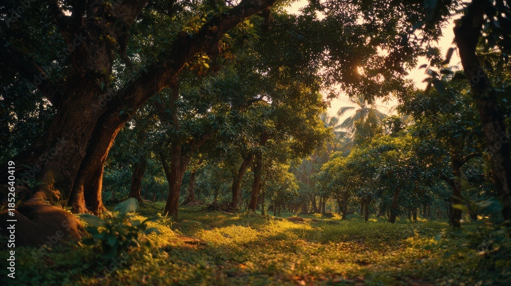 Naklejka premium Golden hour sunlight warmly illuminates a lime plantation with mature trees and a verdant undergrowth, creating a peaceful and inviting atmosphere at sunset.