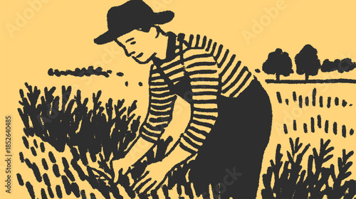 Farmer in a field planting crops. Black silhouette on a yellow background, creating a simple vector illustration focused on agriculture.