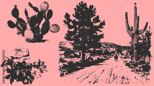 Cactus plants and desert trees in black silhouette on a pink background. Vintage vector illustration of a southwestern landscape.
