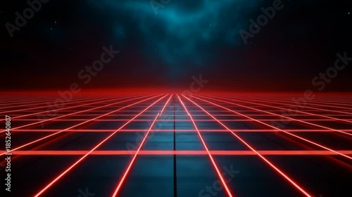 Neon grid landscape with futuristic ambiance and vibrant red lights