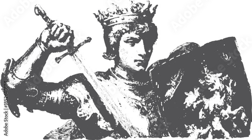 King with sword and shield. Historical warrior vector illustration showcasing strength and courage in black and white style.
